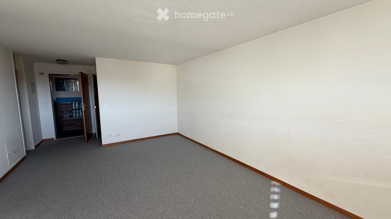 Empty room with grey carpet, white walls, and wooden baseboards. An open doorway leads to another room with visible shelving and containers.