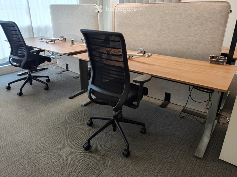Modern office space with two desks, ergonomic chairs, and privacy screens. The desks are made of light wood with metal legs, and the chairs have mesh backs and adjustable armrests.
