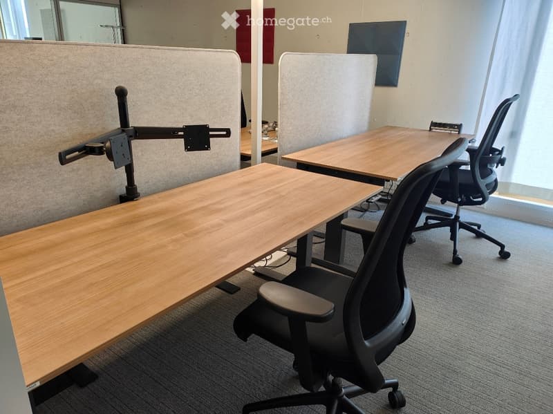 Modern office space with wooden tables, ergonomic chairs, and privacy screens.