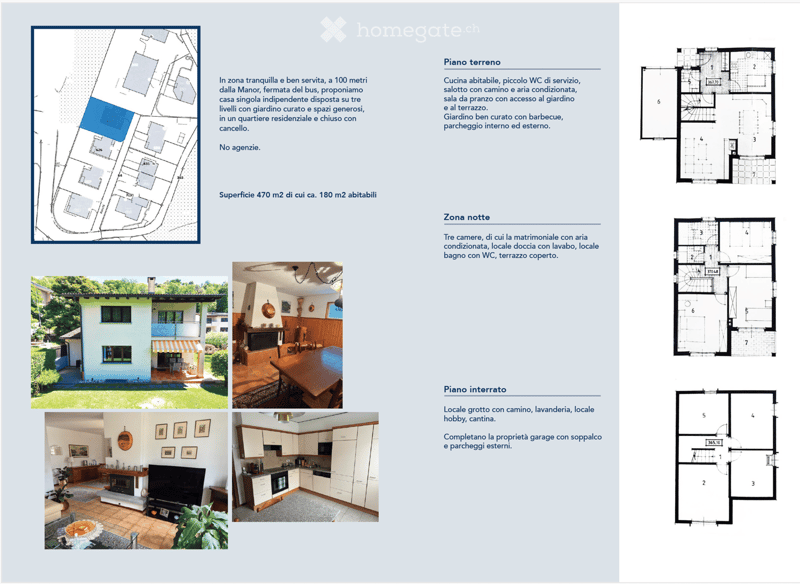 Floor plan of a three-level house with a total area of 470 m2, including 180 m2 of living space. The ground floor features a habitable kitchen, small service bathroom, living room with access to the garden, and a well-maintained garden with barbecue, inte