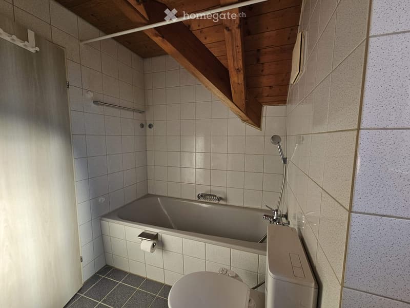 Bathroom with a bathtub, toilet, showerhead, and toilet paper holder. The walls are tiled, and the ceiling has wooden beams.
