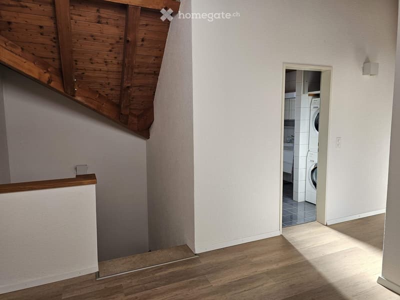 A narrow hallway with wooden flooring and white walls, leading to a small laundry area with a washing machine and sink.
