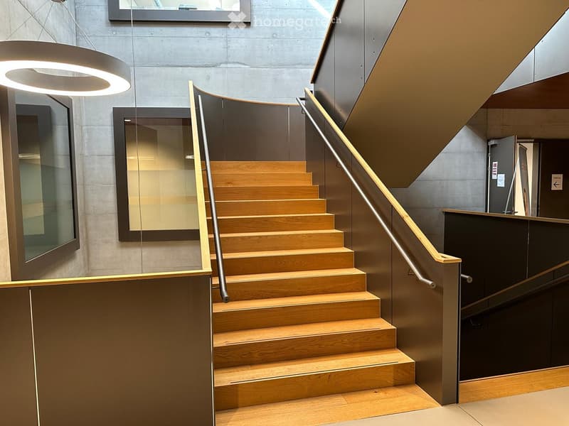 Modern open staircase with wooden steps, glass paneling, metal handrails, ceiling-mounted lighting
