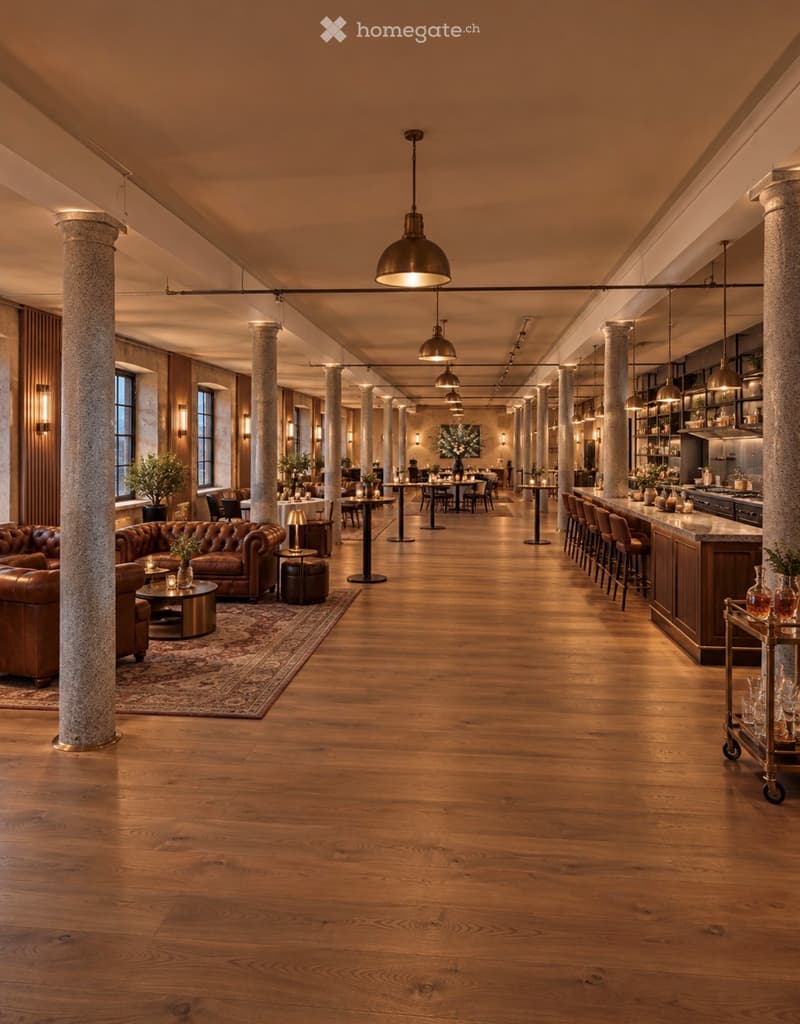 A spacious, well-lit lounge area with wooden floors, large pendant lights, a leather sofa, coffee table, bar area, dining tables, and kitchen island.
