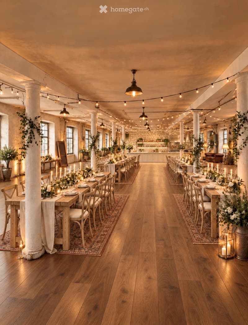 A spacious, elegantly decorated event space with wooden floors, large tables set for dining, chairs, candles, floral arrangements, and hanging pendant lights.