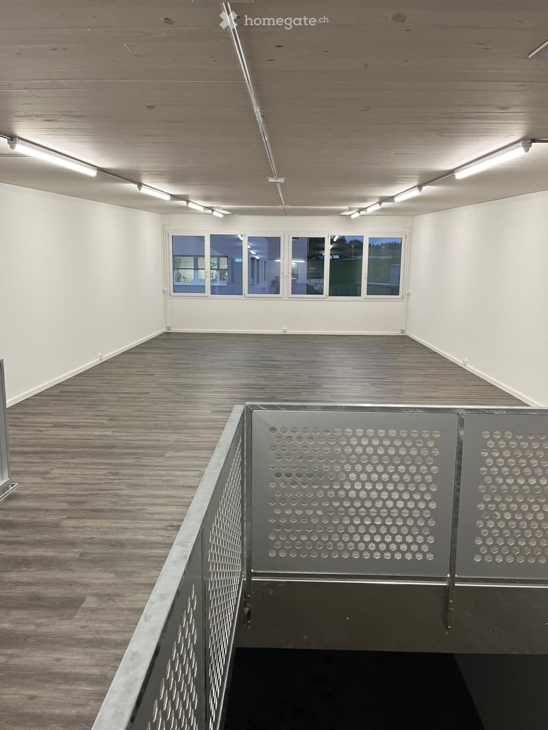 Empty hallway with wooden flooring, white walls, and large windows. Features a metal railing with a perforated design and recessed lighting on the ceiling.