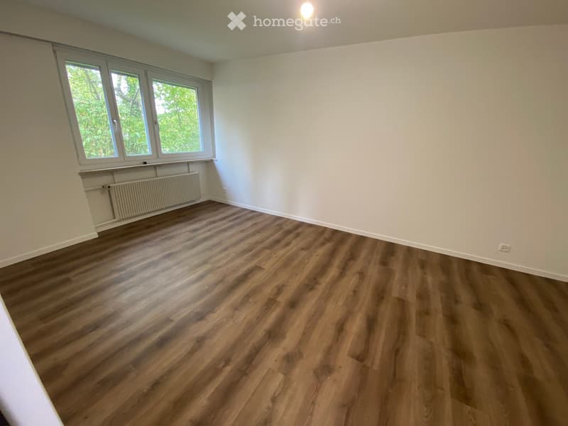Empty room with wooden flooring, white walls, and large windows with a radiator below them.