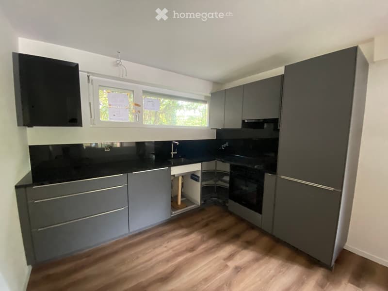 Modern kitchen with grey cabinets, black countertops, wooden flooring, and a window overlooking greenery.