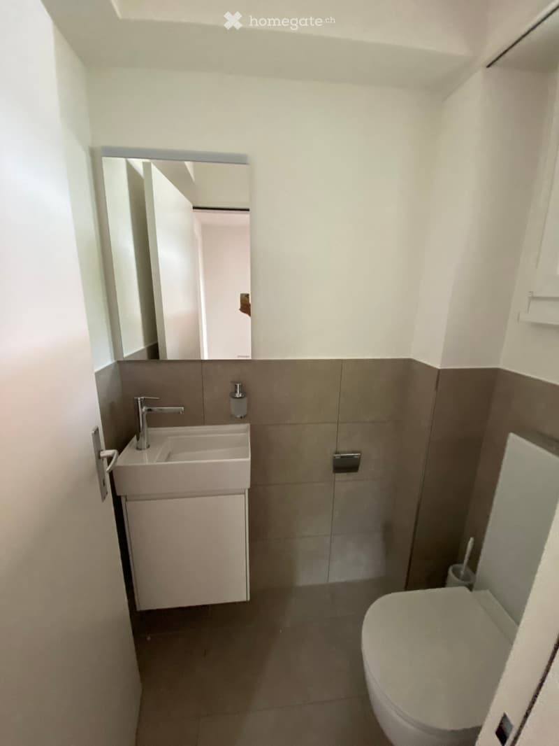 Modern, compact bathroom with a white sink, chrome faucet, toilet, and a mirror above the sink. The walls are painted white with a brown lower section.