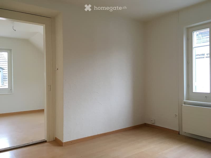 Empty room with light wooden flooring, white walls, and two windows with white frames. There is a radiator on the right side and a door on the left side.