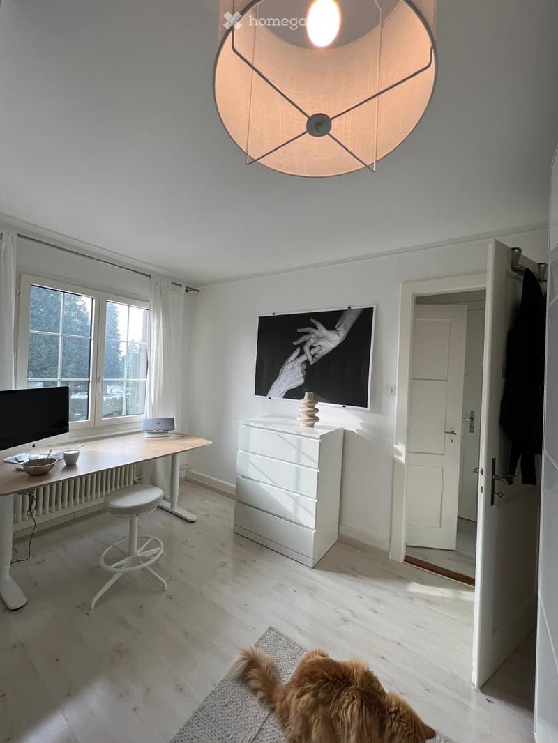 A modern, well-lit room with a wooden floor, large windows, a desk with a computer, a stool, a screen, a lamp, and a small table with a cup and bowl.