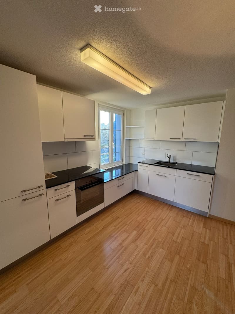 Modern kitchen with white cabinets, black countertops, wooden flooring, and a window above the sink.