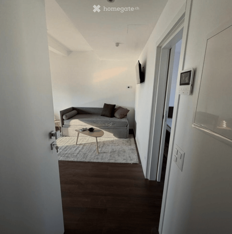 Modern living room with a grey sofa, throw pillows, a small coffee table, and a wall-mounted TV. The room features wooden flooring and white walls.