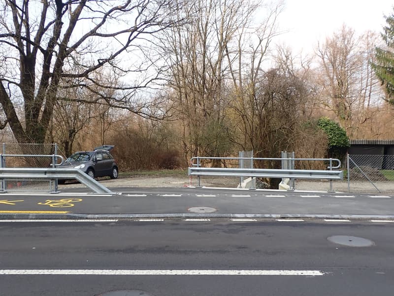 Outdoor area with a paved road, a metal barrier, a parked car, and a fenced area with trees and shrubs.