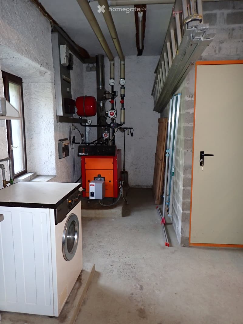 Utility area with a washing machine, water heater, and various pipes and valves.