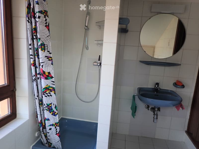 Small bathroom with a sink, mirror, shower area with a colorful curtain, and a towel hanging on the side.