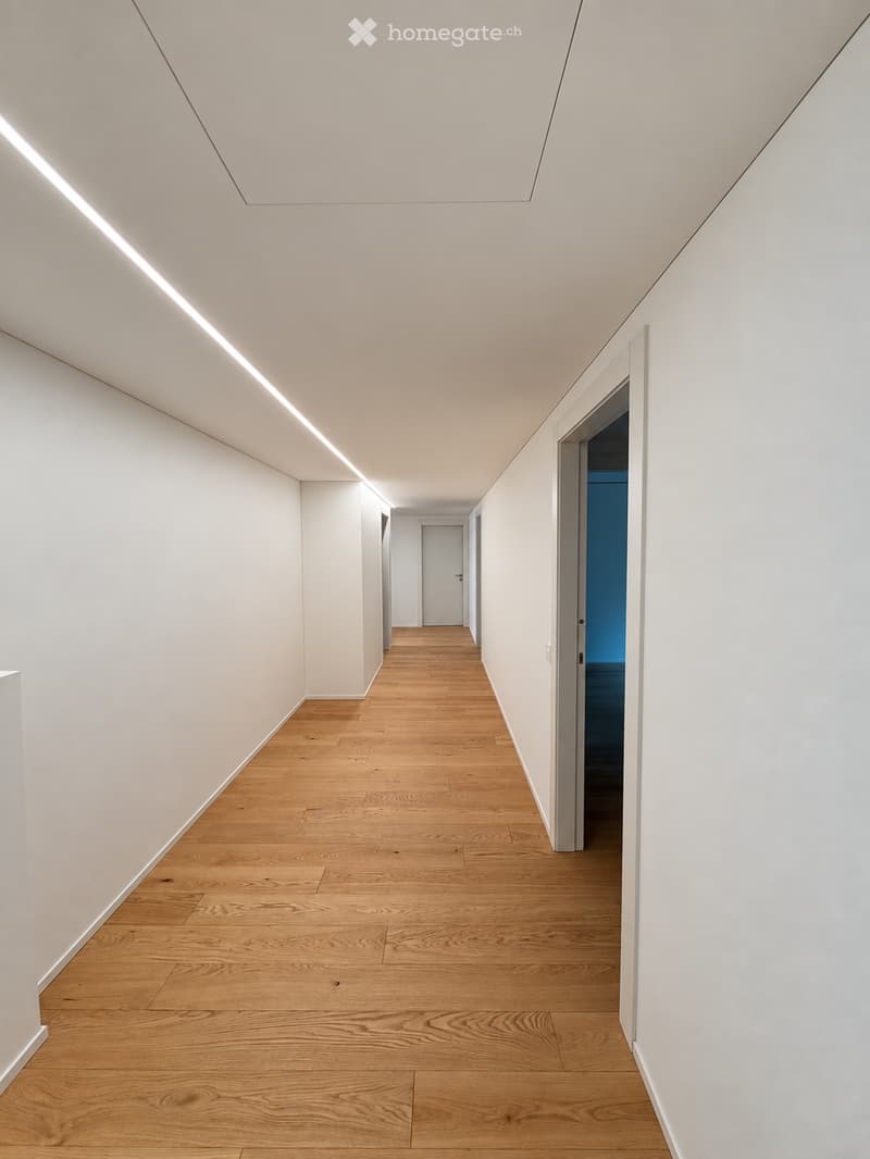 Modern hallway with light wooden flooring, white walls, and recessed ceiling lighting. Features a closed door at the end and an open doorway leading to another room with blue walls.