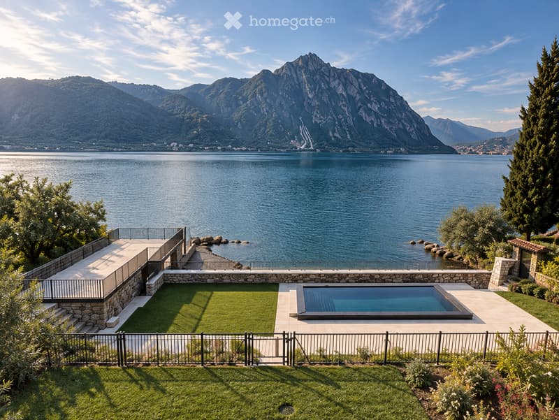 A luxurious garden with a swimming pool, manicured lawn, stone pathways, and a scenic view of a lake and mountains.