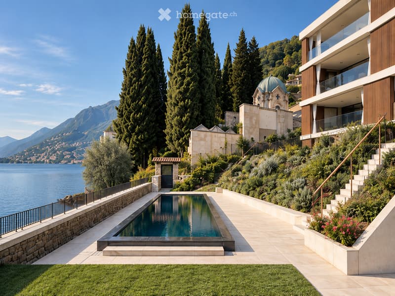 A modern outdoor area with a swimming pool, lush greenery, and a scenic view of a lake and mountains. The area includes a stone pathway, a staircase, and a small garden with flowers and shrubs.
