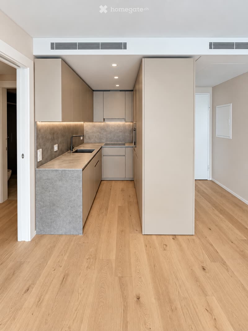 Modern kitchen with light wood flooring, light-colored cabinets, and a concrete countertop. The space is open and well-lit with recessed lighting.