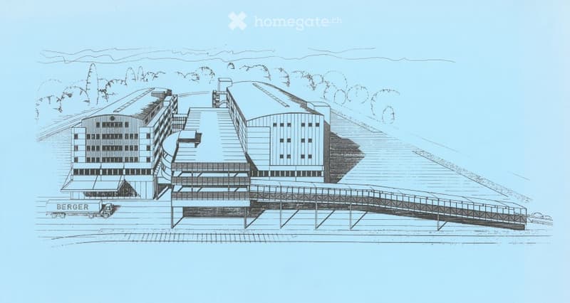 Architectural floor plan of a modern building complex with multiple structures, including a large central building, smaller adjacent buildings, and a connecting walkway.