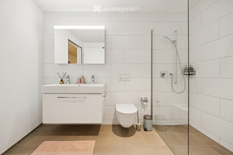 Modern bathroom with white tiles, a large sink with a mirror, a toilet, a glass-enclosed shower, and various bathroom accessories.