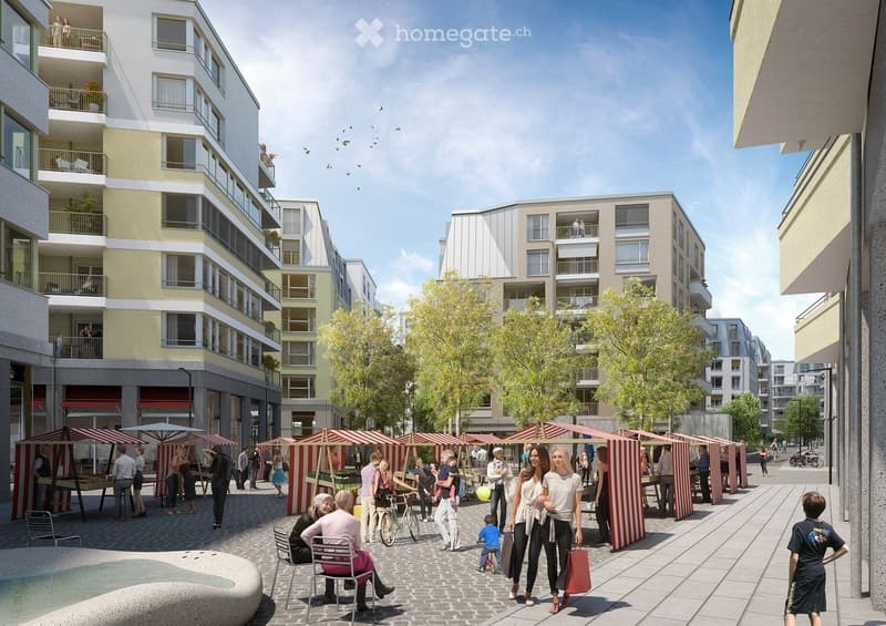 A modern urban development with multi-story residential buildings, balconies, and a bustling outdoor market area with market stalls, people, and trees.