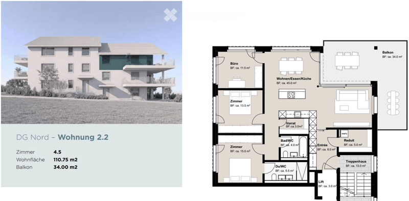 Floor plan of a 110.75 m² apartment with 4.5 rooms, including a balcony of 34.00 m². Layout includes living/dining/kitchen area, bedrooms, bathrooms, and entrance.