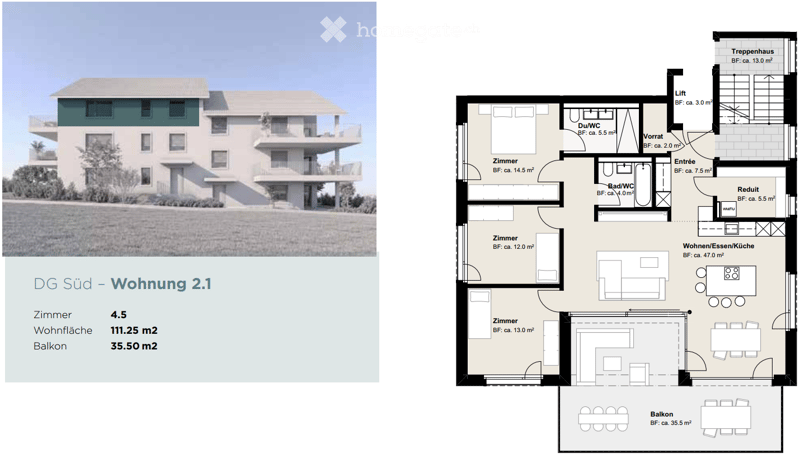 Floor plan of a multi-story residential building showing a detailed layout of a 111.25 m² apartment with4.5 rooms and a 35.50 m² balcony. The plan includes living/dining/kitchen area, bedrooms, bathrooms, hallway, and staircase.