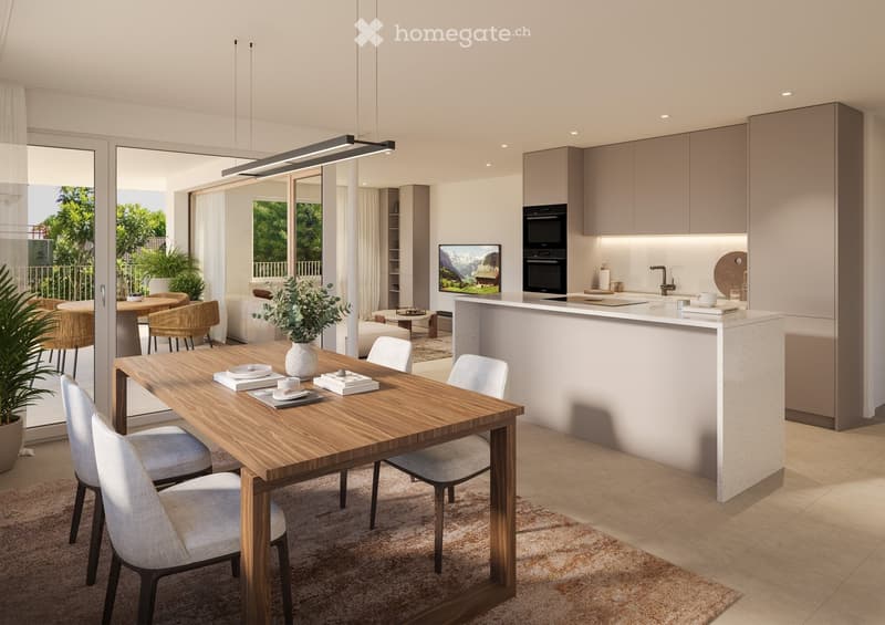 Open-plan living and dining area with a modern kitchen island, dining table with chairs, and a television. The space features contemporary furniture, a potted plant, and a view of a balcony with outdoor seating.