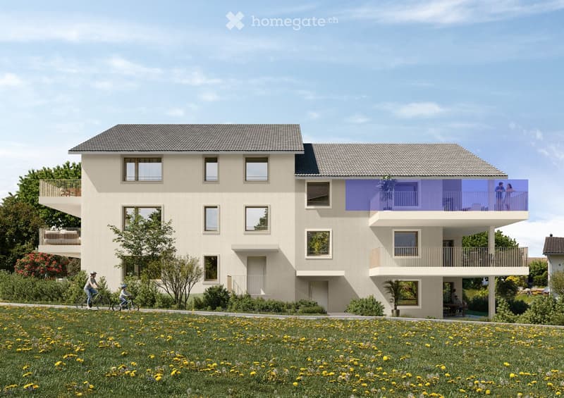 A modern two-story house with beige siding, multiple windows, and balconies. The house is surrounded by a grassy area with yellow flowers and trees. Two people on bicycles are riding in front of the house.