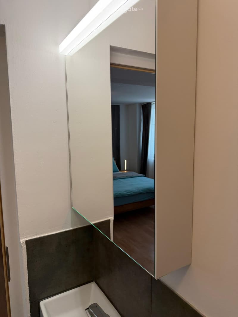 Modern bathroom with a white sink, dark grey tiles, and a large mirror reflecting a bedroom with a bed and blue bedding.