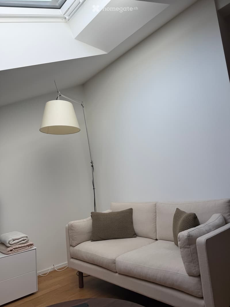 Modern living room with a light grey sofa, two throw pillows, a floor lamp, a small side table with folded blankets, and a wooden floor.