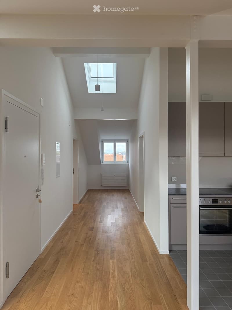 Bright, narrow hallway with wooden flooring, white walls, and a skylight at the top. Features a door on the left and a kitchen area visible on the right with stainless steel appliances.