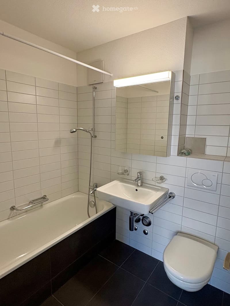 Modern bathroom with white tiled walls, dark tiled floor, bathtub, sink, toilet, mirror, and showerhead.