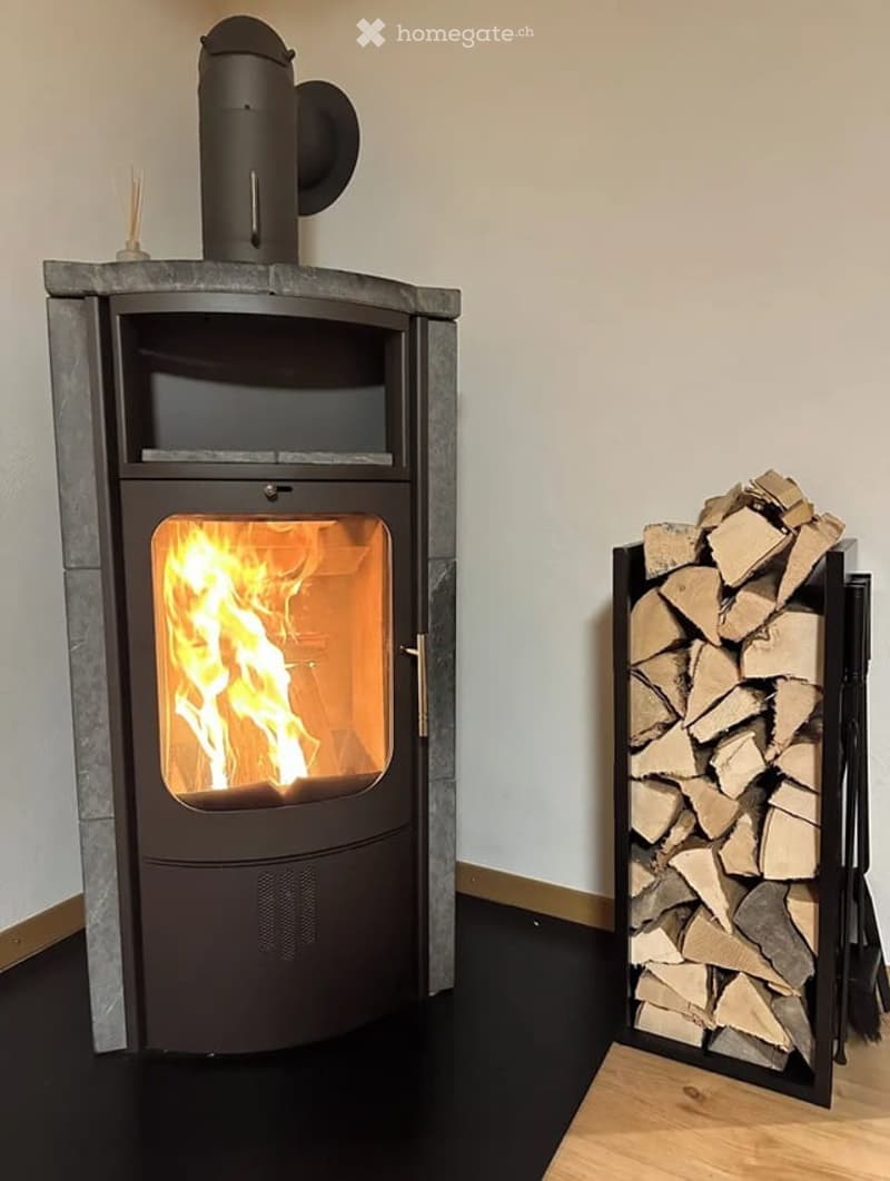 Modern wood-burning stove with visible flames, surrounded by neatly stacked firewood.