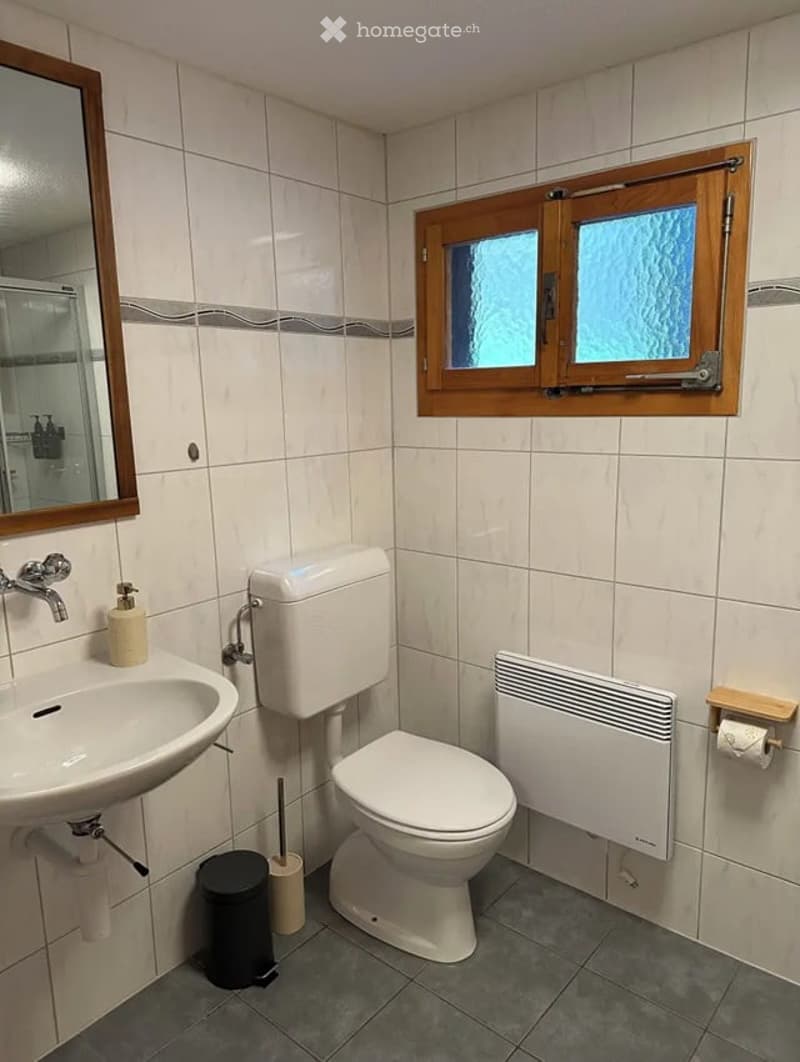 A clean, modern bathroom with white tiled walls, a white sink with a chrome faucet, a toilet, a white radiator, a wooden-framed window, a mirror, and a small trash bin on the floor.