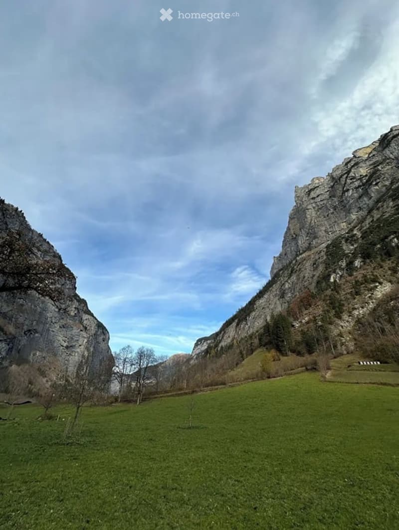 A wide, green meadow surrounded by rocky cliffs and sparse trees, with a partly cloudy sky above.