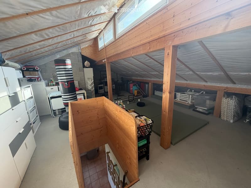 The attic space is furnished with a refrigerator, microwave, punching bag, chairs, a table, a basket, a stool, and shelves. The room features wooden beams and skylights, providing ample natural light.