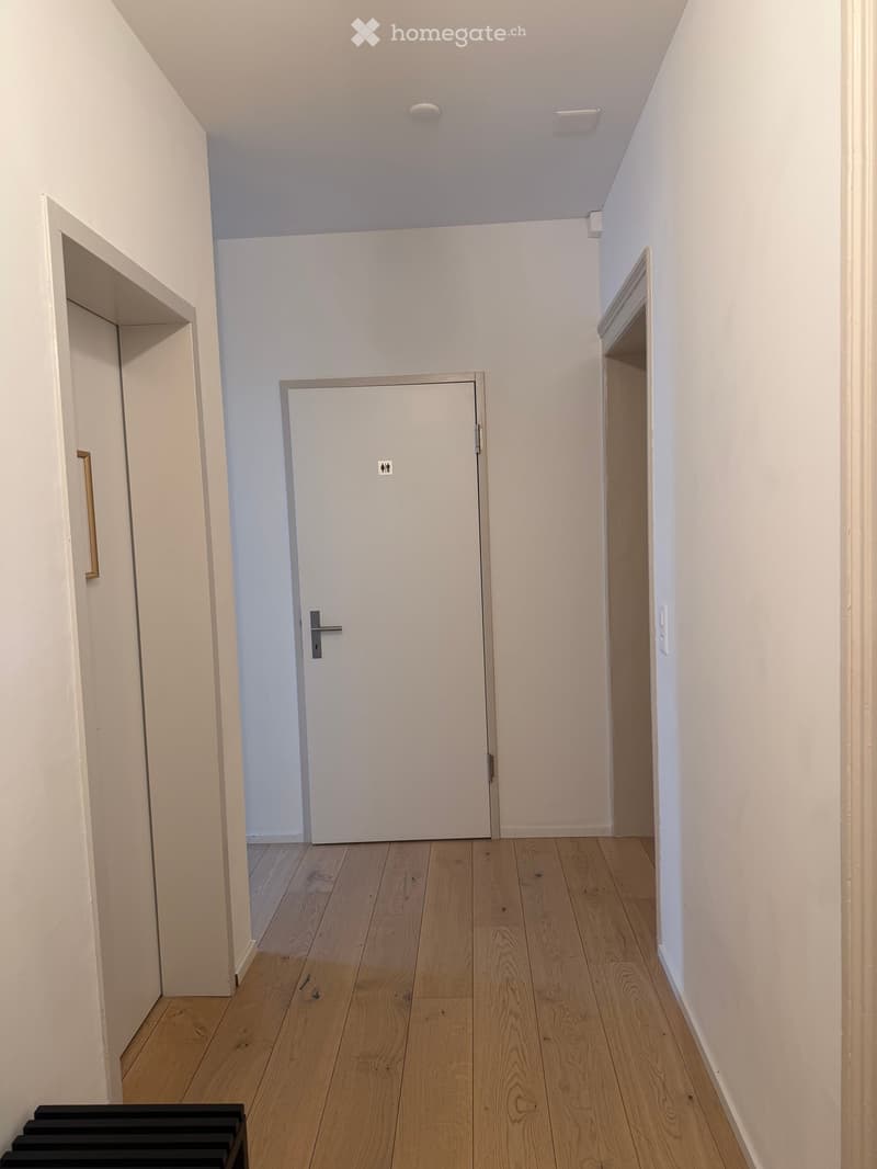 Empty hallway with light wooden flooring, white walls, and a closed door leading to a room. Shelves are visible on either side of the hallway.