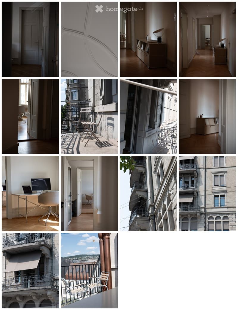 A collage of images showing various interior spaces and balconies, including corridors, balconies, and a view of the city.