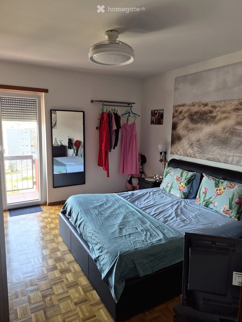 Well-lit bedroom with a large bed, floral pillows, a mirror, a clothing rack with hanging clothes, a nightstand with a lamp, and a decorative wall piece.