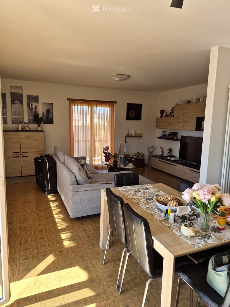 Bright living room with a grey sofa, wooden dining table with chairs, flower vase, TV, and wooden cabinets.