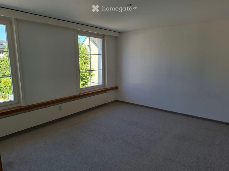 Empty room with carpeted floor, white walls, and two windows with wooden sills.