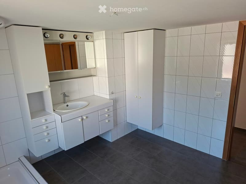 Modern bathroom with white tiled walls, dark grey tiled floor, white sink with chrome faucet, mirrored cabinet, and built-in storage cabinets.