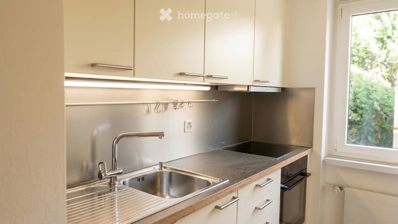 Modern kitchen with stainless steel sink, faucet, oven, and white cabinets.