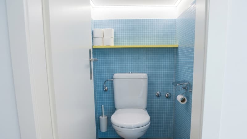 A small bathroom with blue tiled walls, a white toilet, a shelf holding toilet paper rolls, and a toilet brush holder.