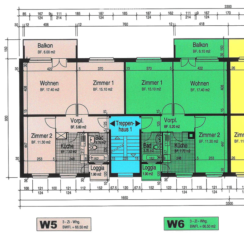 Floor plan of two apartments (W5 and W6) each with 3 rooms, featuring living rooms, bedrooms, kitchens, bathrooms, balconies, and loggias.