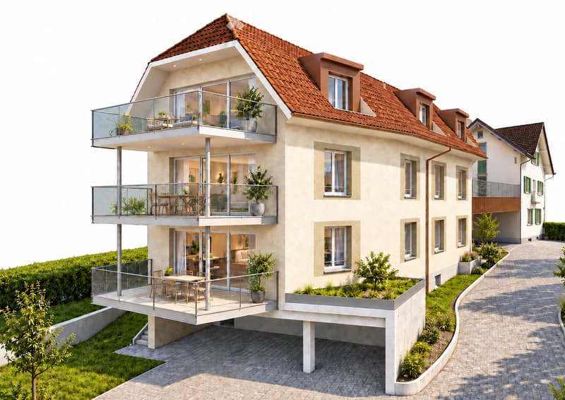 Modern two-story house with a red-tiled roof, multiple balconies, and a landscaped garden area.