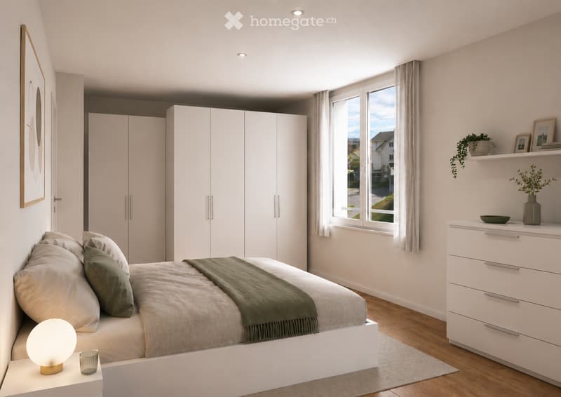 Modern bedroom with a large bed, nightstand, lamp, and wardrobe. The room features large windows with curtains, a shelf with decorative items, and a plant on the shelf.